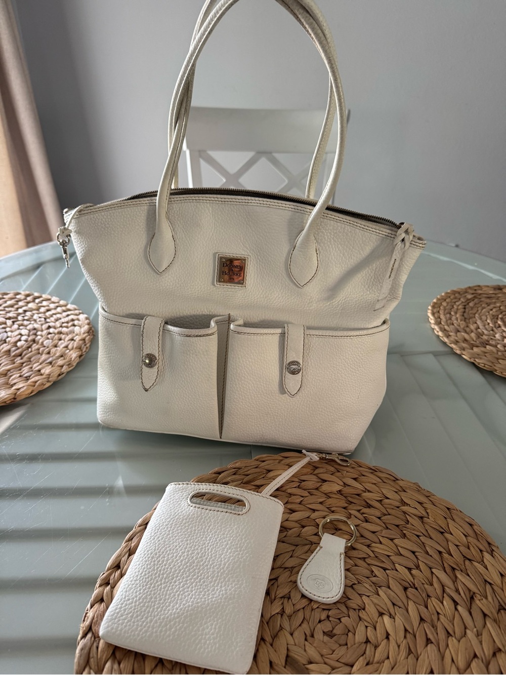 Dooney & Bourke Cream Pebble Leather Tote with Front Pockets